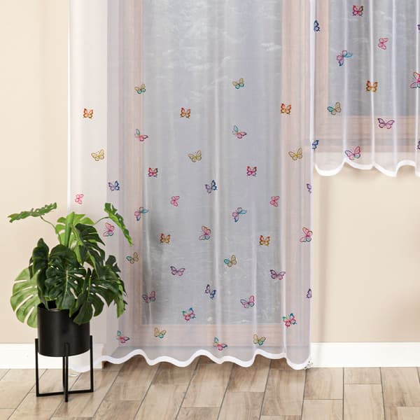 BUTTERFLIES - Færdigfremstillet jacquardgardin med lige bund - 145x220 cm - hvid