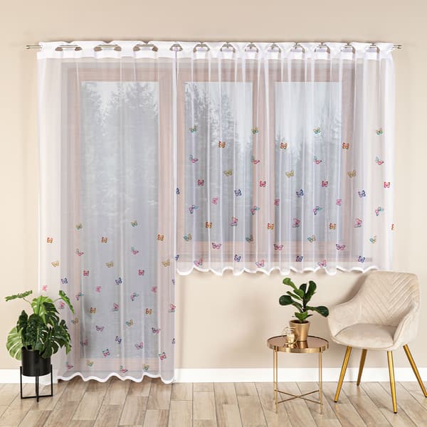 BUTTERFLIES - Færdigfremstillet jacquardgardin med lige bund - 145x220 cm - hvid