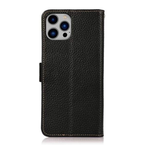 KHAZNEH iPhone 14 Plus Fodral Litchi Äkta Läder RFID Svart