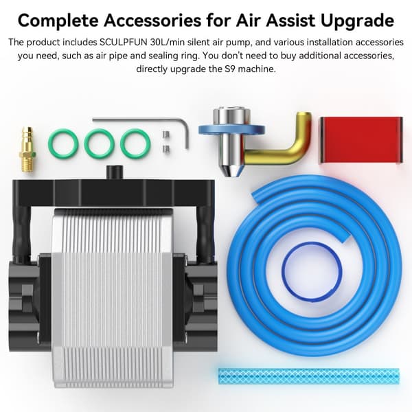 SCULPFUN S9 Air Assist Kit, Forbedret Skærehastighed, Renere Snit, Fuld Metalstruktur