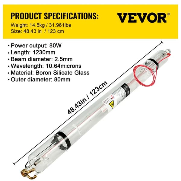 CO2 Laser Rør, Effektudgang, 2,5 mm Strålediameter,80W 1230mm