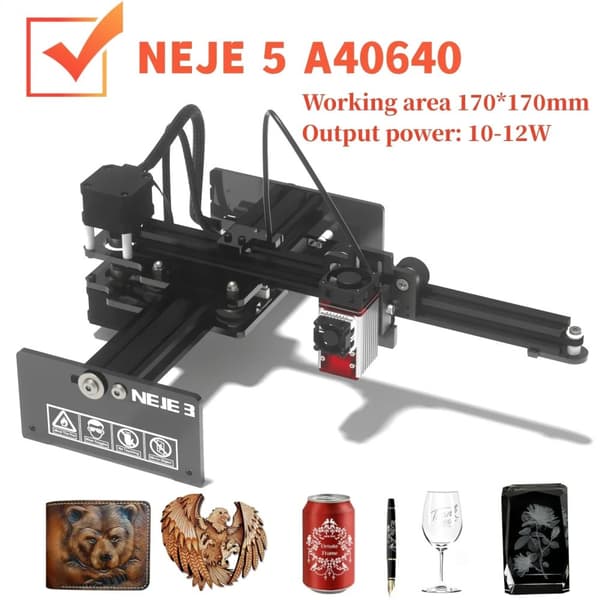 Lasergravemaskine, Arbejdsområde 170 x 170 mm, Udgivelseseffekt 10-12W, Maksimal skæredybde 20 mm,NEJE 5 A40640 80W