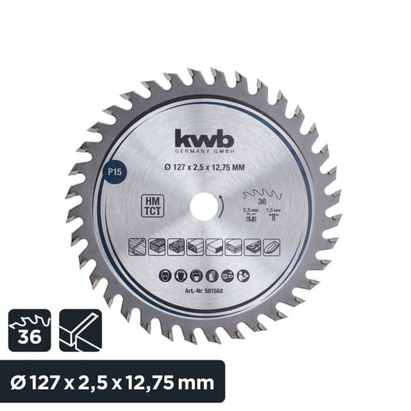 Kwb - 581568 - Lövträ snickeri cirkelsågblad 127 x 12,7 mm - 36 tänder Z-36 - Fint sågblad 75 mm