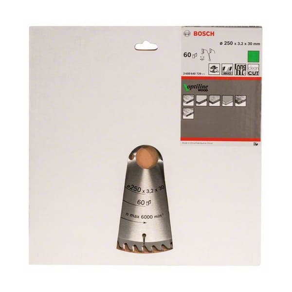Klinga för cirkelsåg - Bosch - Optiline Wood - 250 mm - 60 tänder - Karbid
