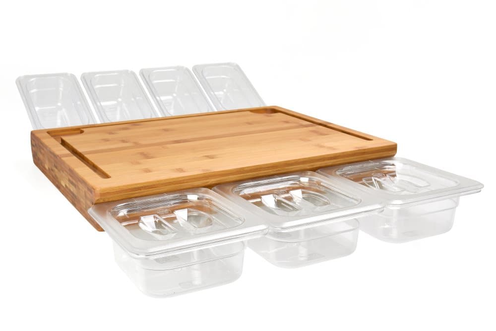 Meateor skärbräda, multifunktionell, med 7 hängande lådor, köksbrädan kan användas på båda sidor, lådorna kan staplas kompakt