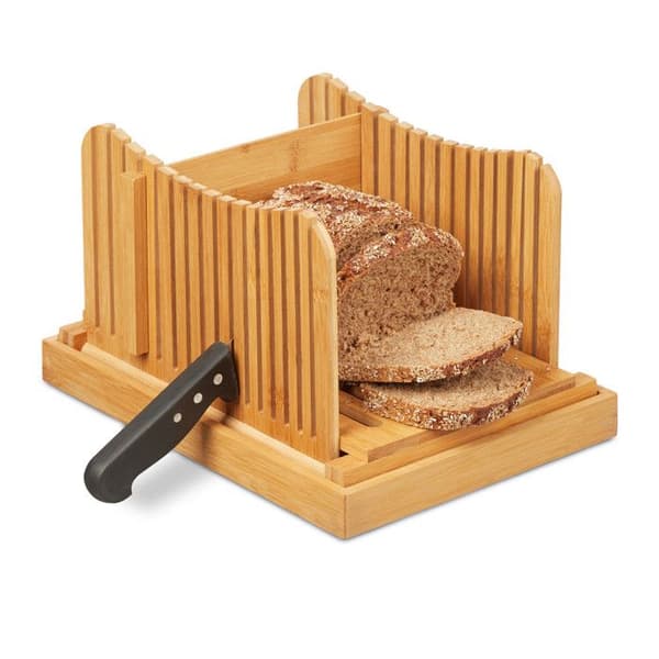 Relaxdays Justerbar brødskærer, skærebræt, til brød, toast, kage, bambus, krummesugger, natur