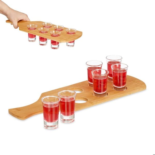 Relaxdays Shotbräda, med 6 glas, 4 cl, stöd med handtag, presentidé, bambu, natur