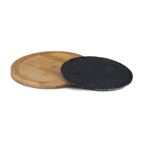 Relaxdays Round Bamboo Carving Serveringsbricka med avtagbar skifferbricka, HxBxD: 1,3 x 19,3 x 19,3 cm, Natural