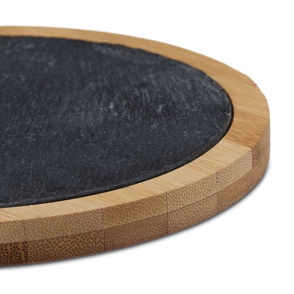 Relaxdays Round Bamboo Carving Serveringsbricka med avtagbar skifferbricka, HxBxD: 1,3 x 19,3 x 19,3 cm, Natural