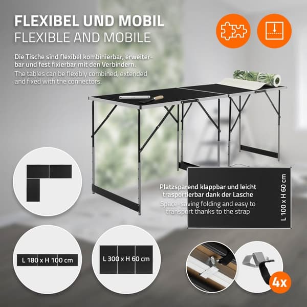 3-delt tapetseringsbord sammenklappeligt 100x60 cm sort, kan belastes med op til 30 kg