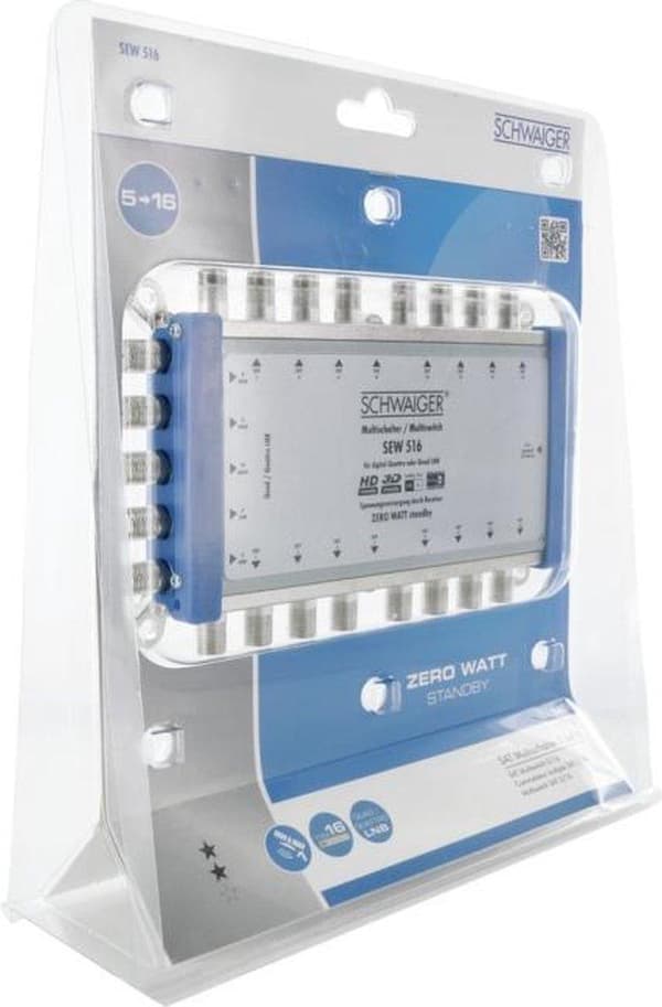 Schwaiger SEW516 531 Satellit multiswitch Indgange (satellit): 5 (4 satellit / 1 terrestrisk) Antal brugere: 16 Standby funktion, egnet til Quad LNB