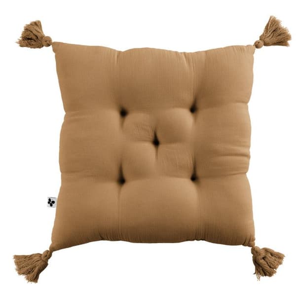 5-punkts vadderad kudde med pompoms "Gaïa" 40 x 40 cm "Cotton Gauze" - Gaïa Camel