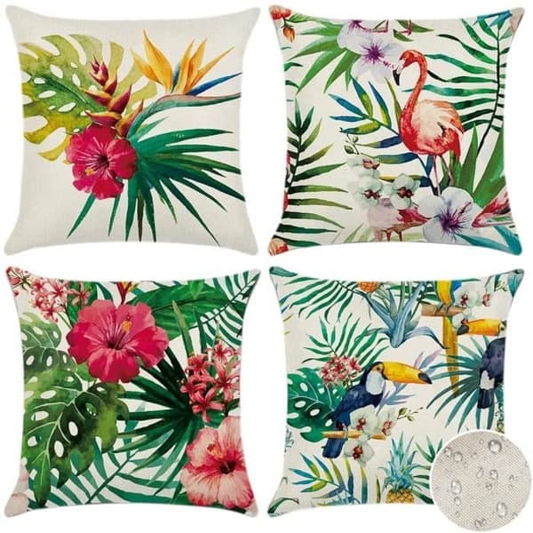 Kuddfodral för utomhusbruk, set med 4 vattentäta, olika små blommönster, kuddfodral, 45x45 cm