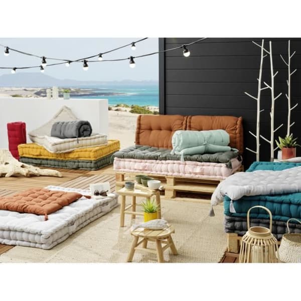 Solmatta med vattenavvisande pom poms - UV-skydd utomhus "Kala" i bomull 60 x 120 cm l'Effet Papillon - Kala Nuage