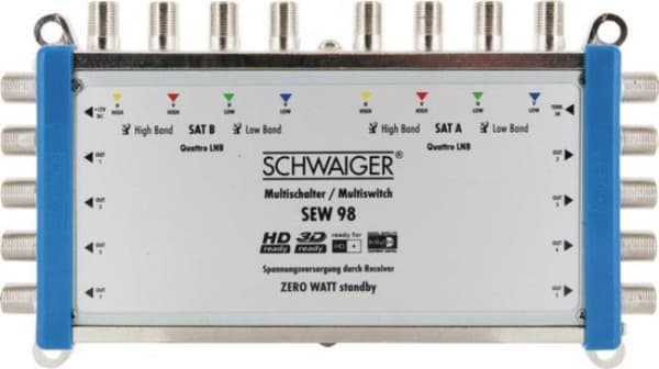 Schwaiger SEW98 531 Satellit multiswitch Indgange (satellit): 9 (8 satellit / 1 terrestrisk) Antal brugere: 8 Standby funktion