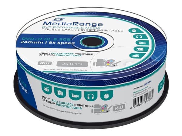 MediaRange - 25 x DVD+R DL - 8.5 GB (240 min) 8x - hvit - blekkstråleskrivbar overflate - spindel