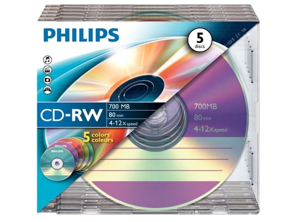Philips - 5 x CD-RW - 700 MB (80 min) 4x - 12x - ohut CD-kotelo - 12x - ohut CD-kotelo