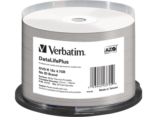 Verbatim DataLifePlus - 50 x DVD-R - 4.7 GB 16x - bred termoskriveoverflate - spindel