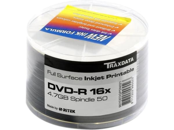 Traxdata DVD-R Printable 16x, DVD-R, 120 mm, Utskriftsbar, Spindle, 50 stykker, 4,7 GB