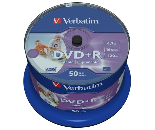 Verbatim DVD+R Wide Inkjet Printable No ID Brand, DVD+R, 120 mm, Utskriftsbar, Spindle, 50 stykker, 4,7 GB