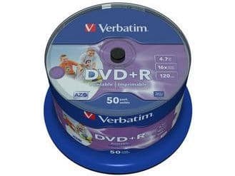 Verbatim DVD+R Wide Inkjet Printable No ID Brand, DVD+R, 120 mm, Utskriftsbar, Spindle, 50 stykker, 4,7 GB
