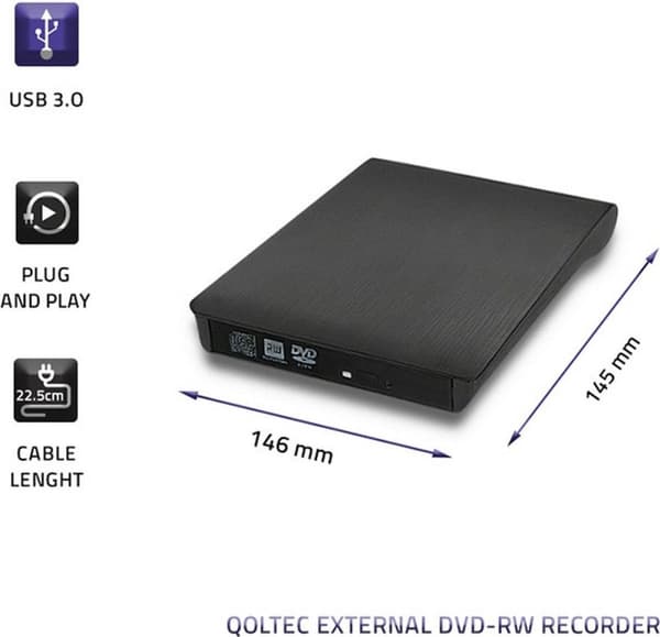 Qoltec 51857 Extern DVD-RW-inspelare | USB 3:0 | Svart