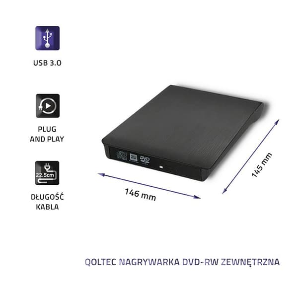 Qoltec 51857 ulkoinen DVD-RW-tallennin |USB 3:0|Musta