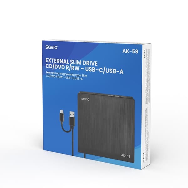 SAVIO AK-59 Extern tunn CD/DVD-inspelare R/RW - USB-C/USB-A, svart