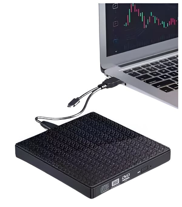 Ulkoinen CD/DVD-poltin, kaksi USB 3.0 -porttia, SD/TF-kortinlukijasovitin
