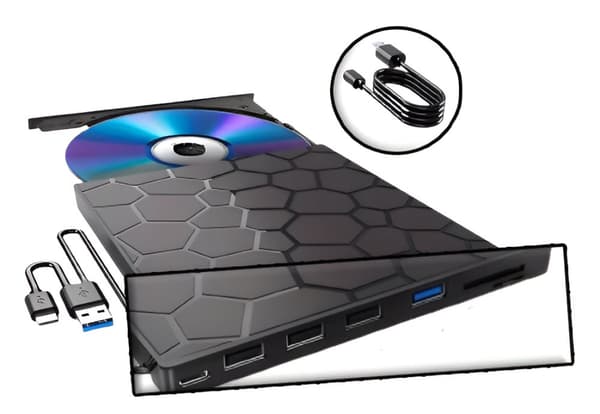 Eksternt CD/DVD-drev Ekstra kabel 4xUSB og 1xUSB-C SD/TF til Win/Mac