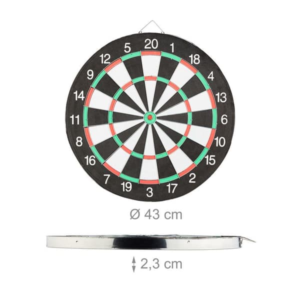 Relaxdays darttavla X2 43 cm tävling darttavla med 6 pilar, svart-vit