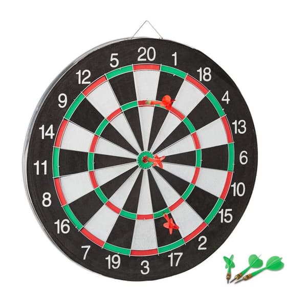 Relaxdays darttavla X2 43 cm tävling darttavla med 6 pilar, svart-vit