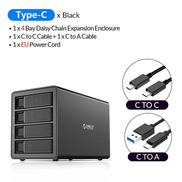Type-C 5-levy HDD-dokkiasema, 10 Gbps siirtonopeus, yhteensopiva Windowsin/Macin/Linuxin kanssa,4 Bay EU Plug Musta