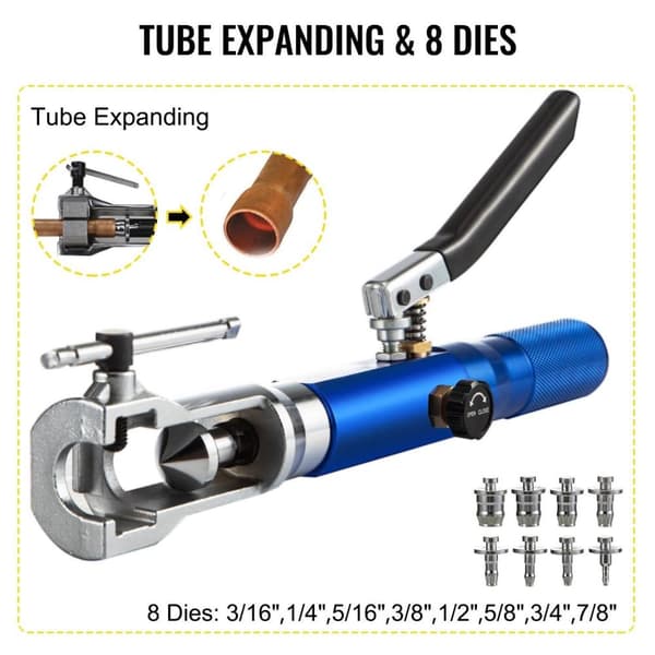 2 i 1 manuellt hydrauliskt expander- och utvidgningsverktyg med 8 Dies och förvaringslåda, ergonomisk, effektivt, lättanvänd