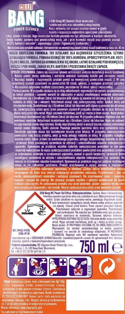 Cilit Bang WC-kalkinpoistogeeli 750 ml kalkinpoistoaine ja likanpoistoaine
