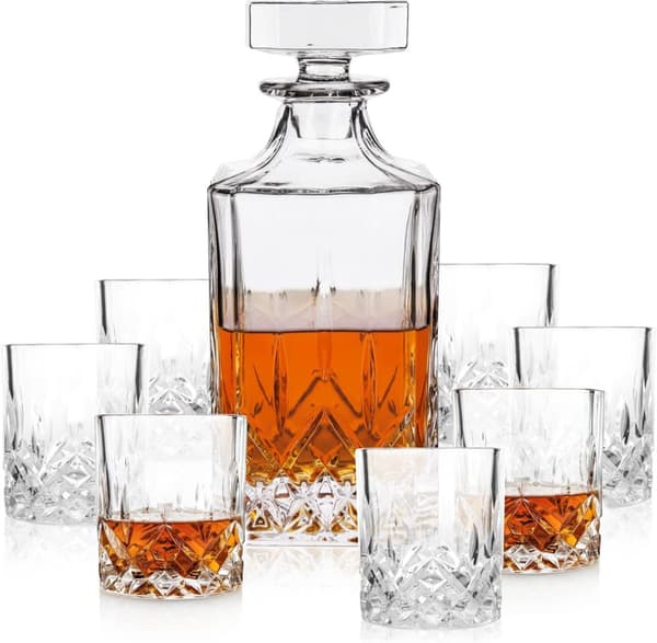 Viski Admiral Decanter and Tumblers Lead-Free Premium Crystal Clear Glasses, Scotch and Whiskey Barware Gift, 30oz (887ml) and 9oz (266ml), Set of 8
