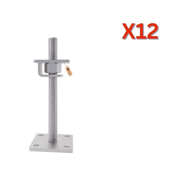 Stolpefod justerbar med plade, krog og løs møtrik M20x200 zinkflage, 12 stk