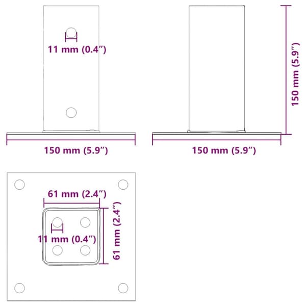 vidaXL stolpefødder firkantet 4 stk. 61x61 mm pulverlakeret stål