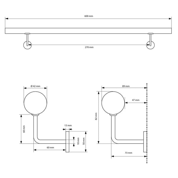 ECD Germany rustfrit stål V2A gelænder 60 cm, rundt Ø42mm, rustfast, børstet, indvendigt / udvendigt, inkl. Vægbeslag, gelænder i rustfrit stål
