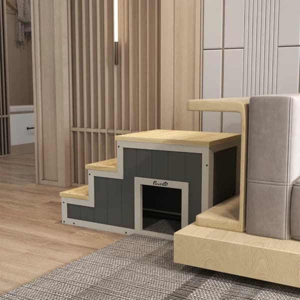 Rootz Pet Stairs - Hundtrappa - 3 steg - Furu - Halkfria fotkuddar - Naturlig + Vit - 79cm x 38,5cm x 45cm