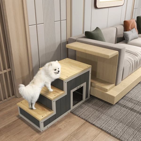 Rootz Pet Stairs - Hundtrappa - 3 steg - Furu - Halkfria fotkuddar - Naturlig + Vit - 79cm x 38,5cm x 45cm
