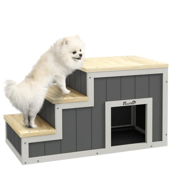 Rootz Pet -portaat - Koiran portaat - 3 askelmaa - Mänty - Liukumattomat jalkatyynyt - Luonnollinen + Valkoinen - 79 cm x 38,5 cm x 45 cm