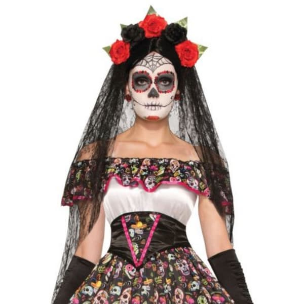 Bristol Novelty Day of the Dead Veil Black/Red/Green One Size