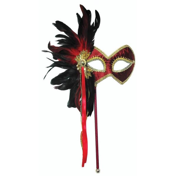 Bristol Novelty Womens/Ladies Stick Mask And Feathers Red/Gold/Black One Size