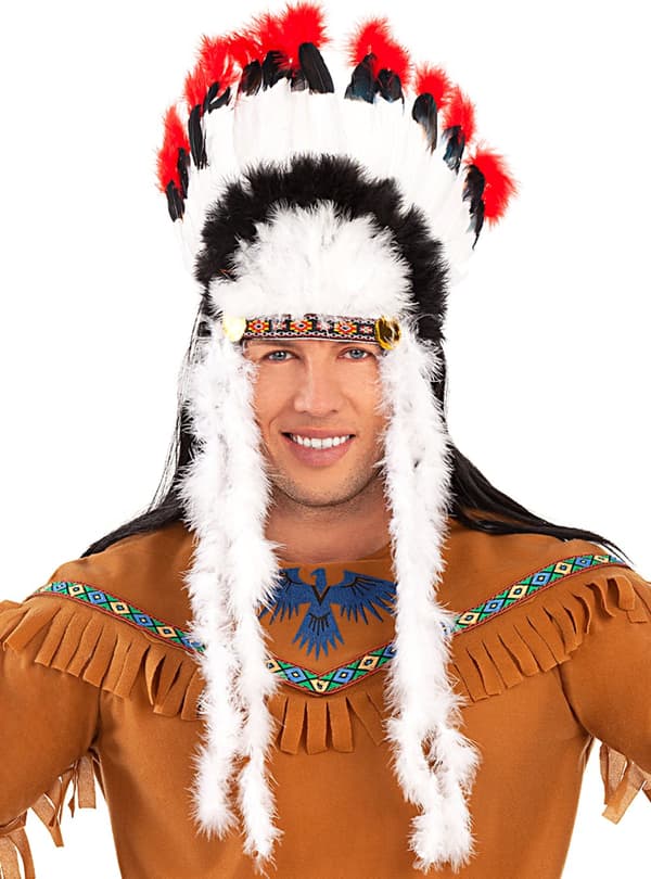 Funidelia | Fjäderskrud Indian för herr ▶ Indianer, Cowboys, Western - Röd, accessoarer för maskeraddräkter
