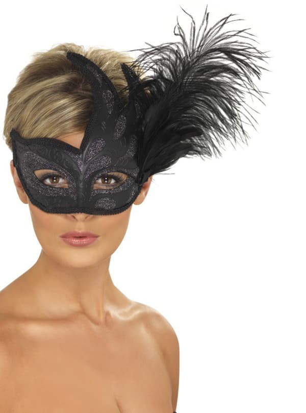 Svart Venetiansk Maske med Fjær