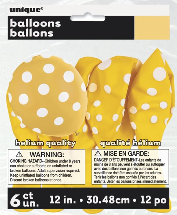 Sæt af 6 gule ballonner med hvide prikker