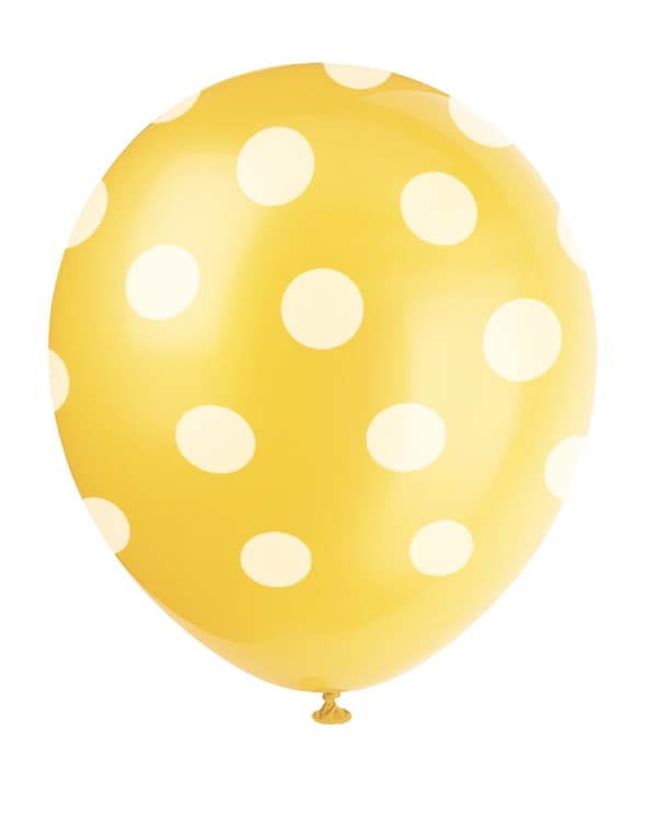 Sæt af 6 gule ballonner med hvide prikker