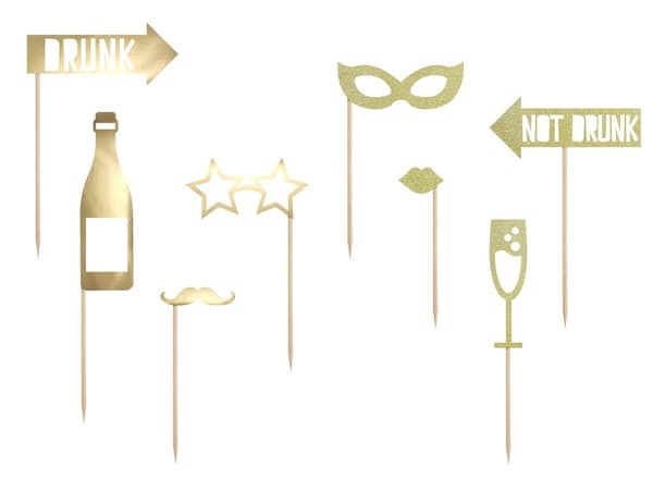 8 Assorterede Photo Booth Rekvisitter, Guld - Happy New Year Collection