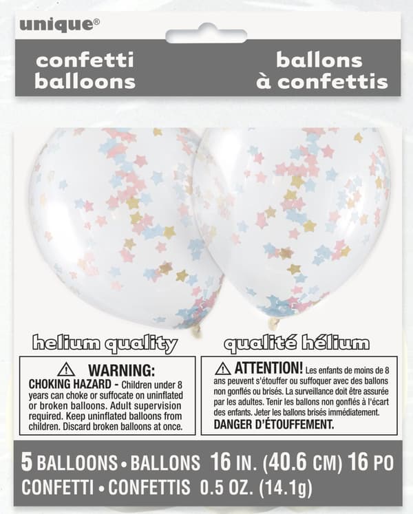 Sæt af 5 transparente ballonner med pink, blå og guld stjerne konfetti